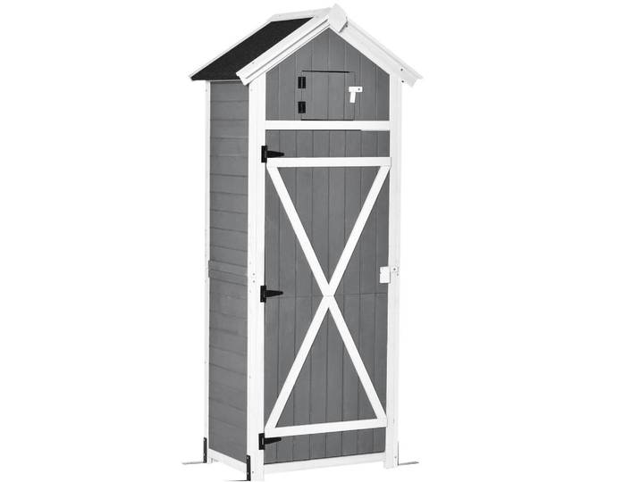 Modfu Gartenschrank aus Holz 78x52,5x182 cm in Dunkelgrau mit Klapptisch, 52.5x182x78 cm, Gartenzubehör, Geräteschränke