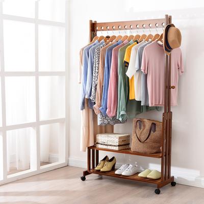 BALANBO Solid Wood Clothes Rack with Storage Mesh Shelf & Casters