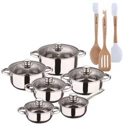 BERGNER - Cassel 12-teiliges Edelstahl-Kochgeschirrset, geeignet für Induktionskochfelder, mit einem Set aus 3 Küchenutensilien aus Silikon und Holz