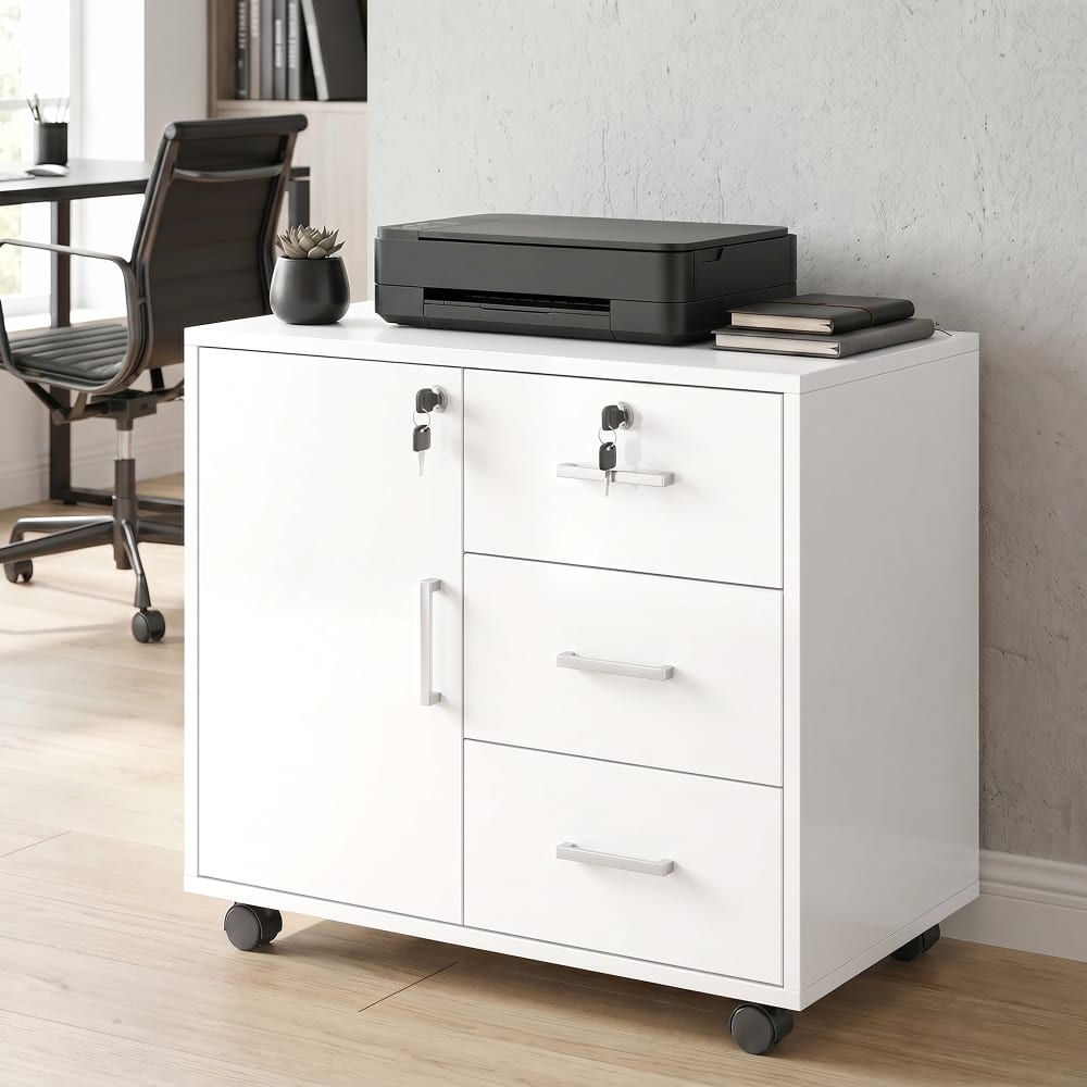 Homcom Caisson bureau verrouillable avec roulettes métal blanc Blanc 60x56x40cm