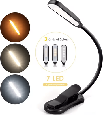 Inspire Curations Rechargeable Gooseneck Clip On Book Light 3 Mode Portable Reading Lamp black