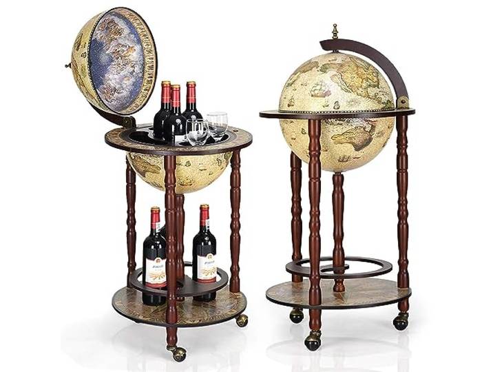 DREAMADE Globus Bar Barwagen, Weinregal auf Rollen, Minibar Globus Hausbar, Servierwagen mit Klassischem Design, Tischbar Cocktailbar Barschrank Globusbar (Beige)