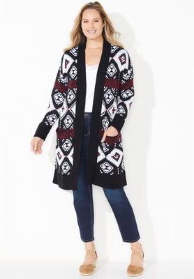 Plus Size Women's Classic Fair Isle Coatigan by Catherines in Black Fair Isle (Size 2X)