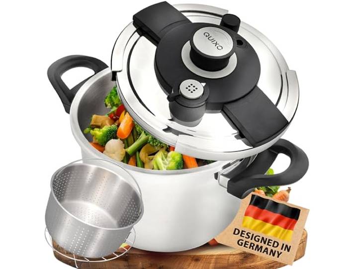 QUIXO Schnellkochtopf 6L VitaSmart Dampfkochtopf Induktion Quicksafe-Verschluss mit Kochsignal, 2 Garstufen (6L + Garkorb)