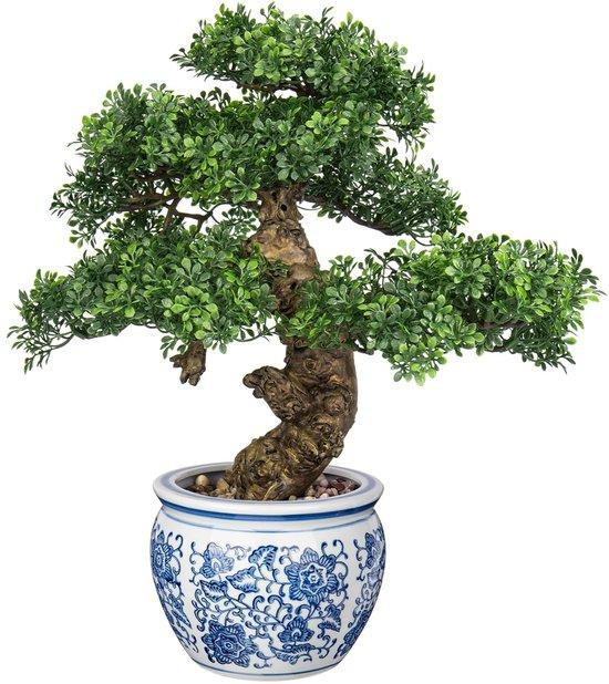 Unyqoos Kunstbonsai in blauw-witte keramische pot met decoratieve stenen
