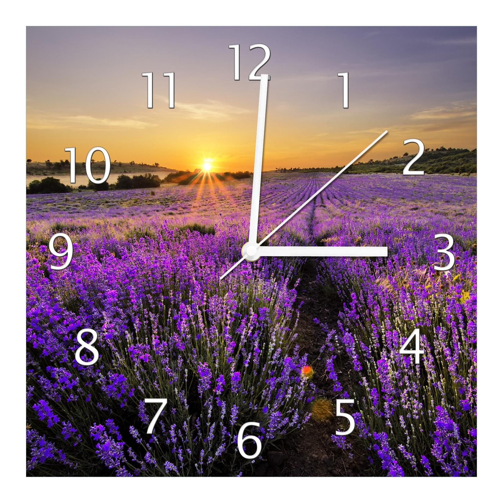 Wallario Uhr 30 x 30 cm, weiße Zeiger Sonnenuntergang über dem Lavendel