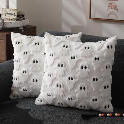 HomeDecorAndMore LLC Ghost Pumpkin Plush Faux Fur Pillow Covers, Soft Halloween Decor For Sofa Couch Bed, Living Room Seasonal Accent black 17.72 17.72 1pcs
