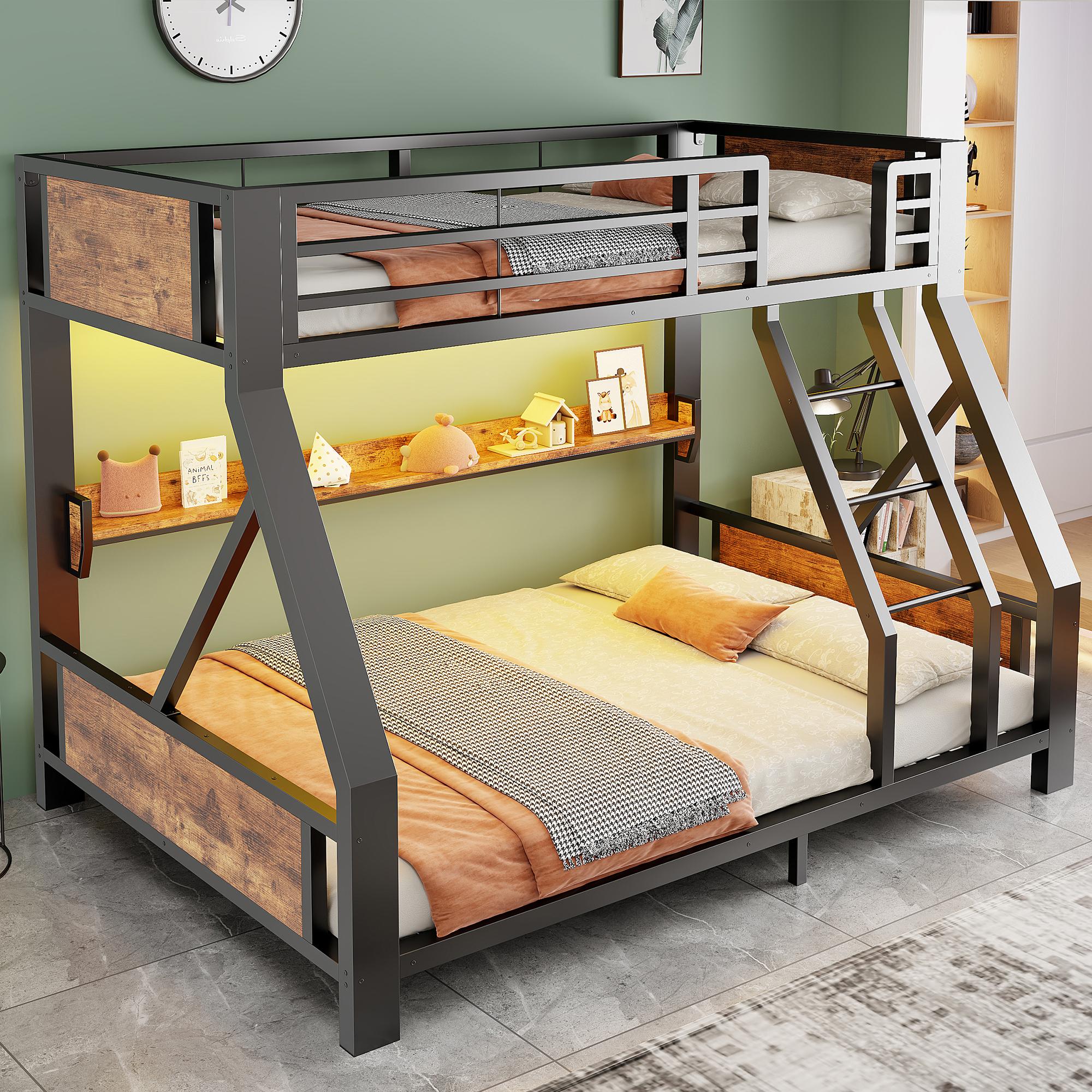 Flieks Etagenbett 90x200/140x200cm mit Leiter, Hochbett mit Ablagefach, Jugendbett mit Stauraum und LED-Beleuchtung, Schwarz, Metall+Holz