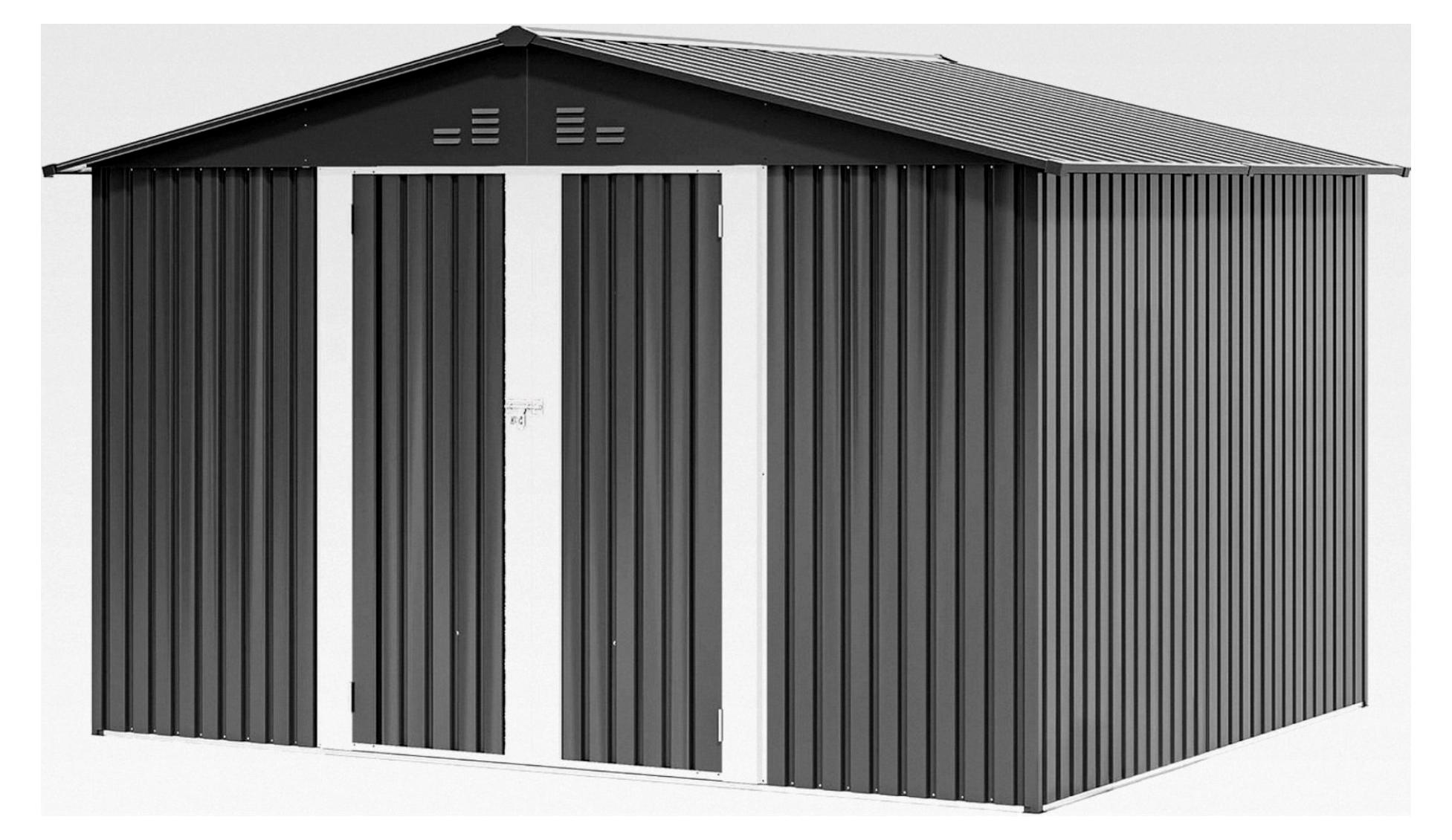 Stahl Gartengerätehaus 10x8FT Robustes Metall Gartenhaus, Wasserdichtes Gerätehaus & Fahrradschuppen mit Doppeltüren und 4 Lüftungen zur Aufbewahrung, 279x224,5x193,5cm, Dunkelgrau-Weiß