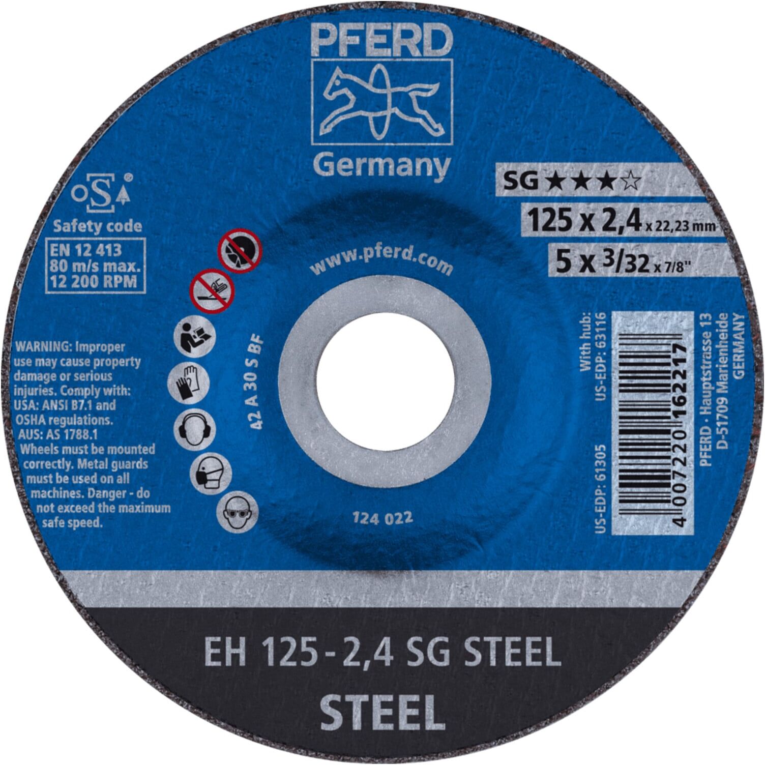 PFERD TOOLS Trennscheibe EH 125x2,4x22,23 mm gekröpft Leistungslinie SG STEEL für Stahl (61320222)