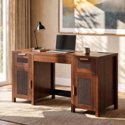 YUN Modern Office Desk with 3 Drawers & 2-Door Cabinet, Ample Storage