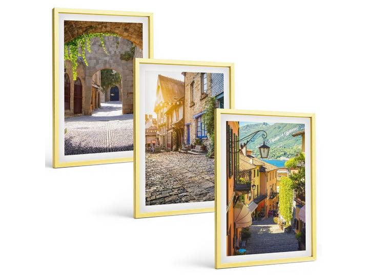 BILDER SET 3er Set - 40x60 cm Goldrahmen - Charmante Steinstraßen