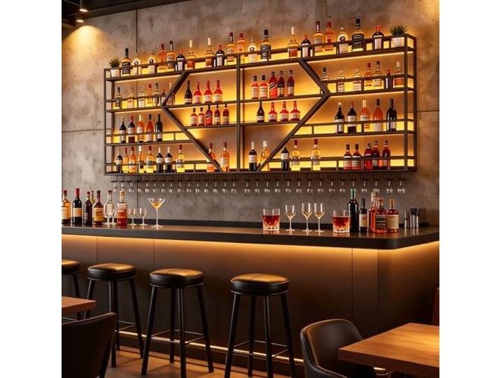 SPTZQURY Weinregal zur Wandmontage mit Wein Glashalter, 3 Lagiger Großes Industriell Schwebende Wandmontage Weinflaschenhalter, Bar Multifunktionaler Weinpareite Display Rack (Schwarz, 4 Tier,200cm)