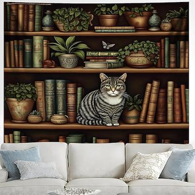 3D-Bücherregal-Wandteppich, Bibliothek-Wandbehang, realistische getigerte Katze, Vintage-Bücher, Topfpflanzen, Arbeitszimmerdekoration für Yoga- und Meditationsraum
