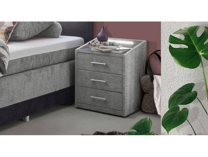 Polsternachttisch Cody Webstoff H 61cm mit LED-Beleuchtung und USB-Anschluss H:61cm/B:47cm/T:46cm Hellgrau Beleuchtung Schubkasten