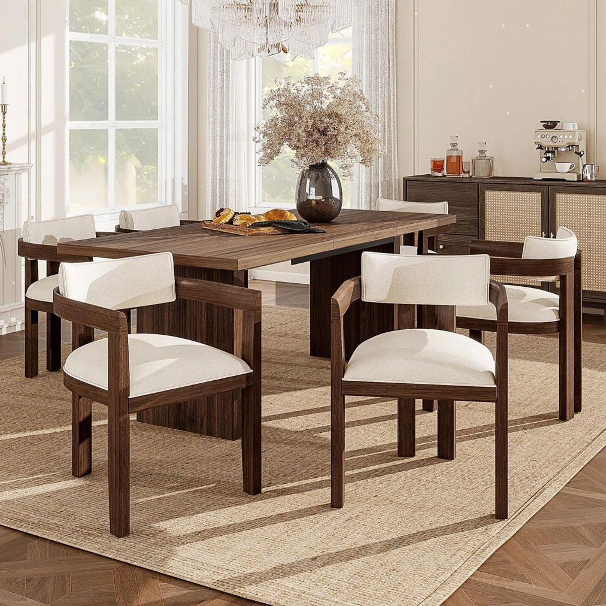 KOMHTOM Set van 6 massief houten eetkamerstoelen met armleuningen, linnen stof, notenkleur