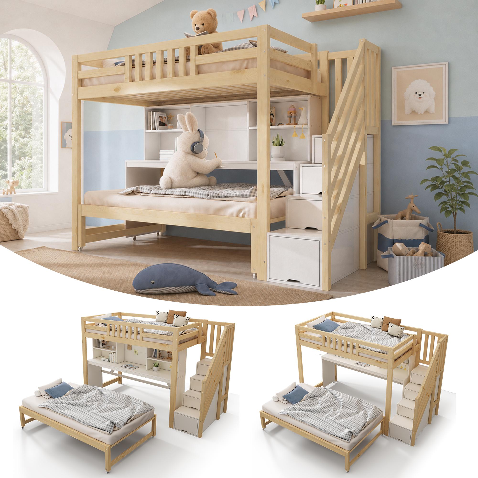 Kinder-Etagenbett 90x200+90x190, Holz, Ausziehbett auf Rollen, Schreibtisch, Treppenschrank, Regal, EN747