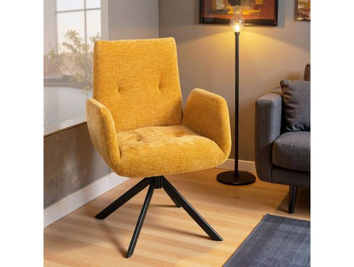 Fauteuil rembourré d'appoint pivotant - Design moderne - Jaune - Siège pivotant 360° - Tissu laine/lin