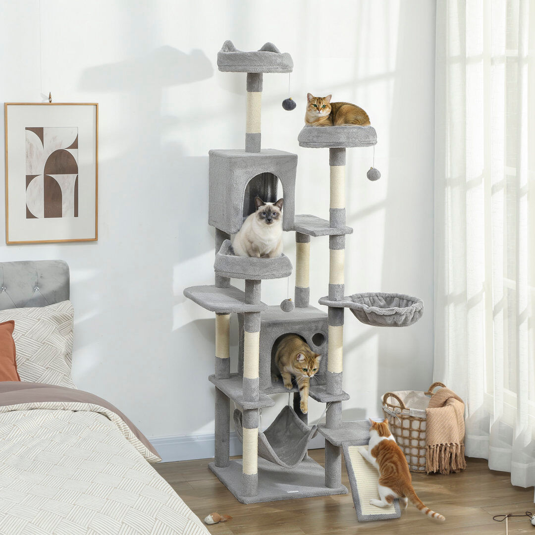 PawHut Cat Tree 192 cm Multi-Level Cat Tower for Indoor Kittens Grey, Cream White 192cm H X 48cm W X 48cm D