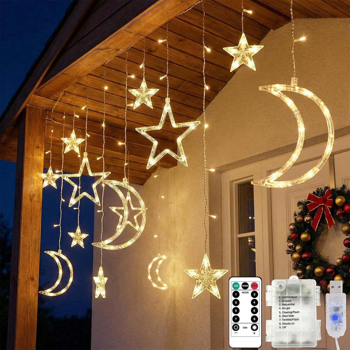 Lichtsnoer met maan en sterren, 138 LED, 3,5 m, met timer, afstandsbediening en 8 modi, batterij en USB, decoratieve Ramadan verlichting