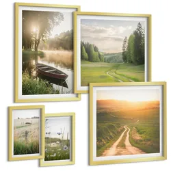 BILDER SET 5er Set - 50x50 cm & 20x30 cm & 40x60 cm Goldrahmen - Landschaftswiesenstraße West