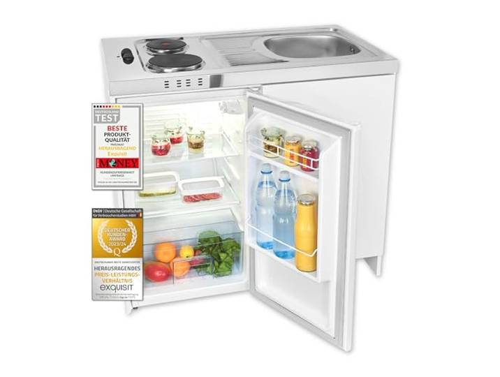 Exquisit Mini-Küche Pantry KK1085 weiss Kühlschrank mit 76 l Nutzinhalt Masse-Kochfeld Edelstahl-Spüle Spülschrank