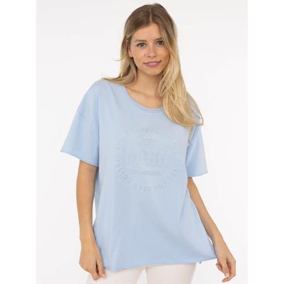 Kurzarmshirt ZWILLINGSHERZ "Oversized Shirt Stempeldruck "Moin", Damen, Gr. S/M, blau (hellblau), Web, Obermaterial: 95% Baumwolle, 5% Elasthan, bedruckt, unifarben, oversize Po-bedeckend, Rundhals, Shirts, Kurzarm, tiefer Rundhalsausschnitt,...