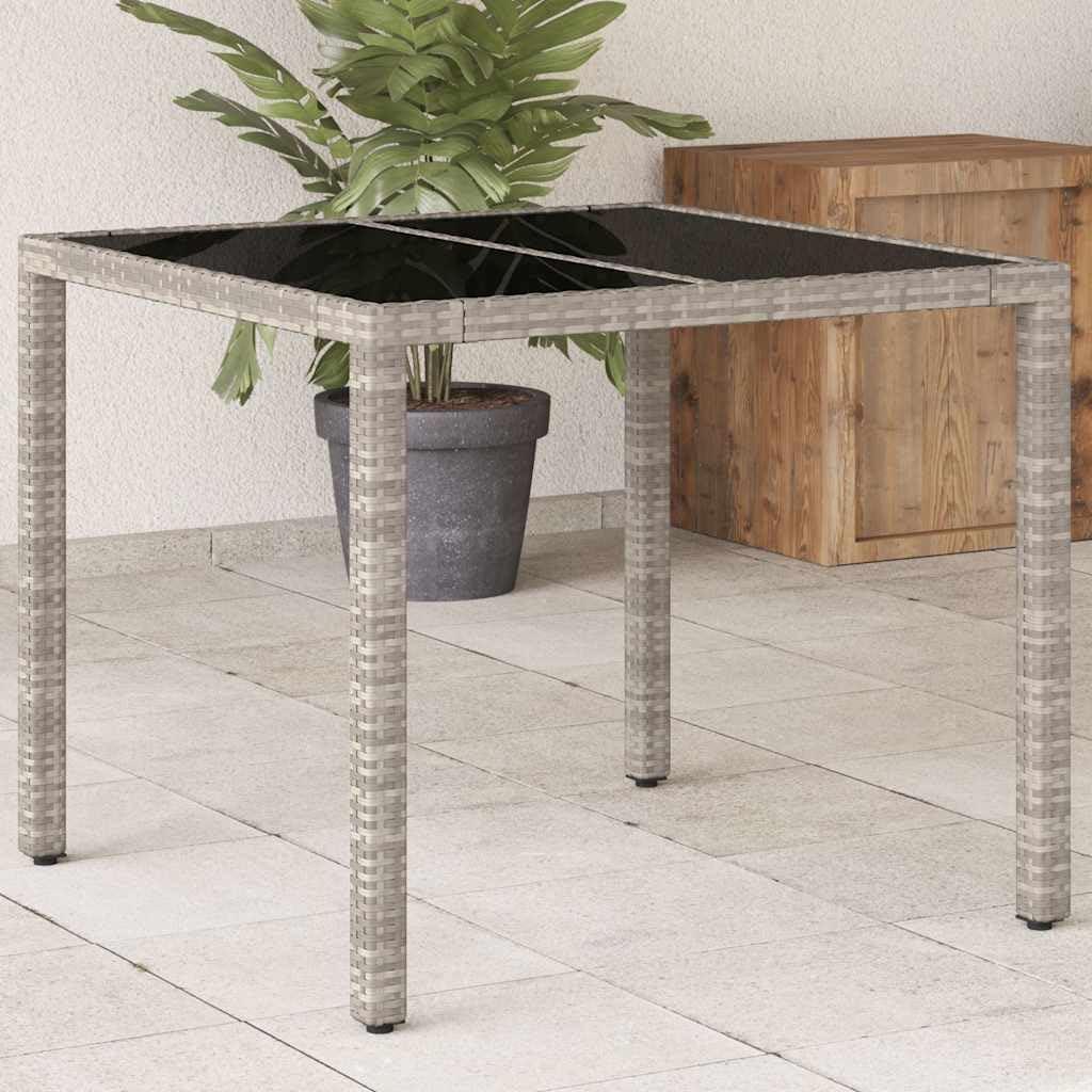 Hellgrauer Gartentisch mit Glasplatte, 90x90x75 cm, aus wetterfestem Poly-Rattan für Balkon, Terrasse und Veranda