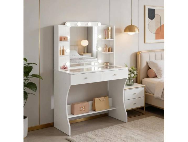 Coiffeuse blanche avec miroir LED tricolore plateau en verre 2 tiroirs 4 compartiments ouverts MDF