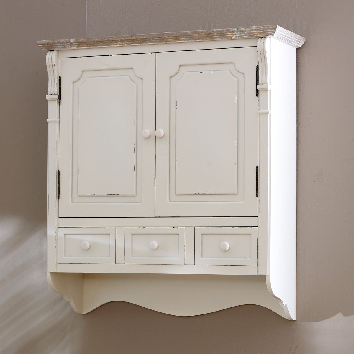 Cream Wall Mounted Cupboard with Drawers - Lyon Range Wood