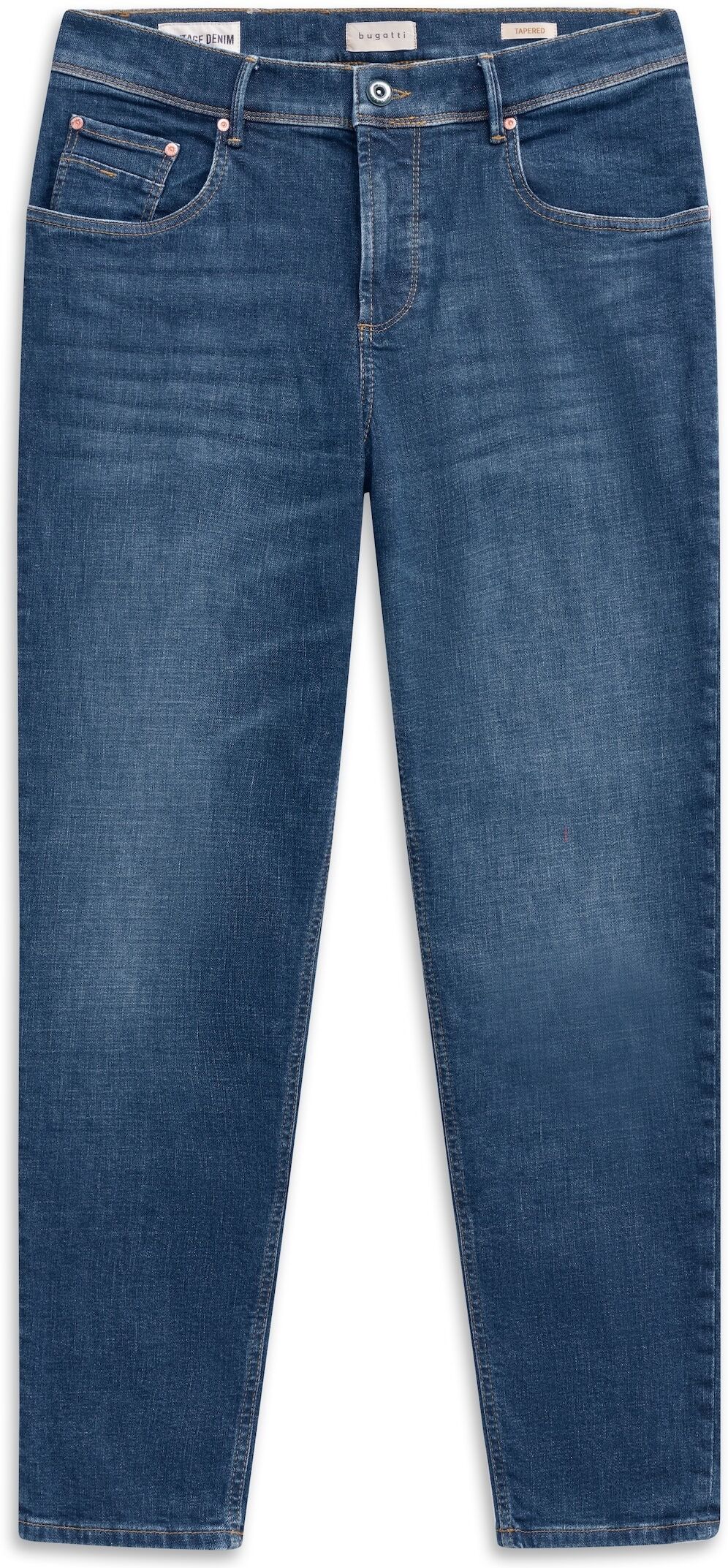 5-Pocket-Jeans BUGATTI "Tapered Fit", Herren, Gr. 34, Länge 32, blau (363, blau), 91% Baumwolle, 7% Polyester, 2% Elasthan, Jeans 5-Pocket-Jeans, aus Stretch Handcrafted Denim 363, blau 34, Länge 32