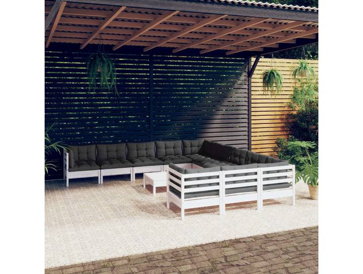 vidaXL 12-tlg. Garten-Lounge-Set mit Kissen Weiß Kiefernholz