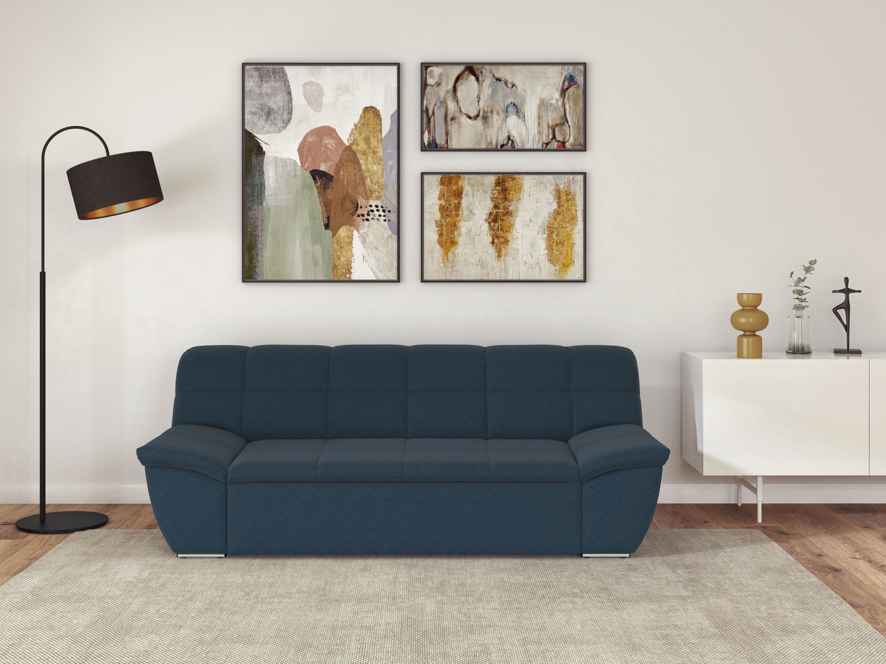 DOMO collection "SPLASH Breite 211 cm, moderne Sitz- und Rückensteppung, komfortabel" flache Armlehnen zum Entspannen dunkelblau B/H/T: 211cm x 76cm x 96cm, Struktur fein