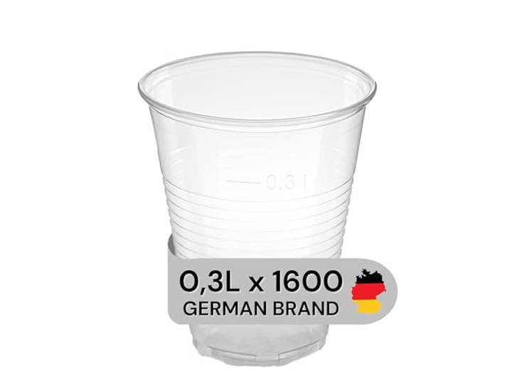 LogiPack 1600 Stück Trinkbecher Made in Germany Eichstrich 0,3l Bierbecher Plastikbecher Einwegbecher aus Kunststoff PP (Polypropylen), Transparent klar Ausschankbecher