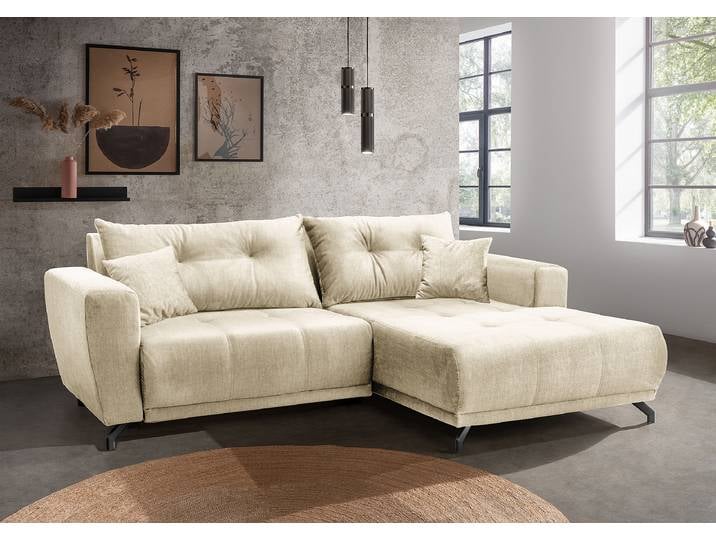 Ecksofa mit Sitztiefenverstellung Beige Samt Josita 246 x 80 x 177cm Longchair davorstehend rechts Modern