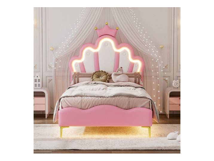 muvano Bett Prinzessinnenbett 90x200 Rosa LED Bett Polsterbett Mädchenbett Krone