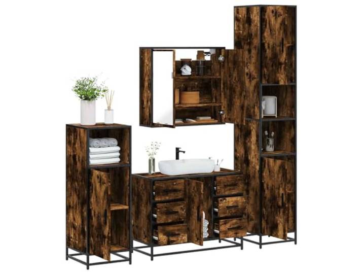 Jkghdrt 4-TLG. Badmöbel-Set Räuchereiche Holzwerkstoff mit Metallgestell Waschbeckenunterschrank, Lowboard, Spiegelschrank, industrielles Design, Wandmontage