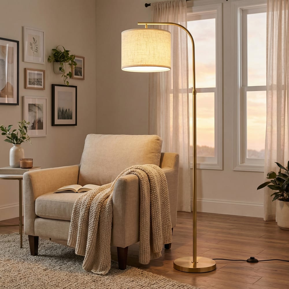 VASAGLE Lampadaire arc réglable en hauteur avec interrupteur au pied doré Doré 30x175x30cm