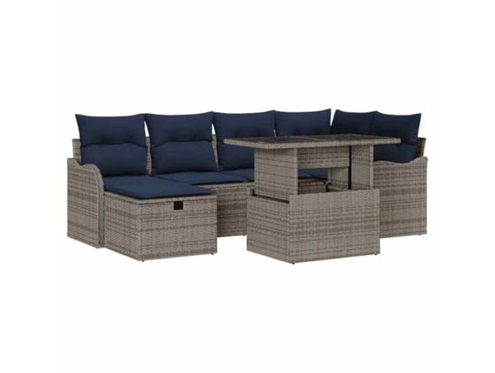 KTHLBRH Gartenmöbel-Set, 7-teilig, Polyrattan, Grau Mittelsofa, Ecksofa, Armlehne, Fußstütze, höhenverstellbarer Glastisch, abnehmbare Kissen, Stahl