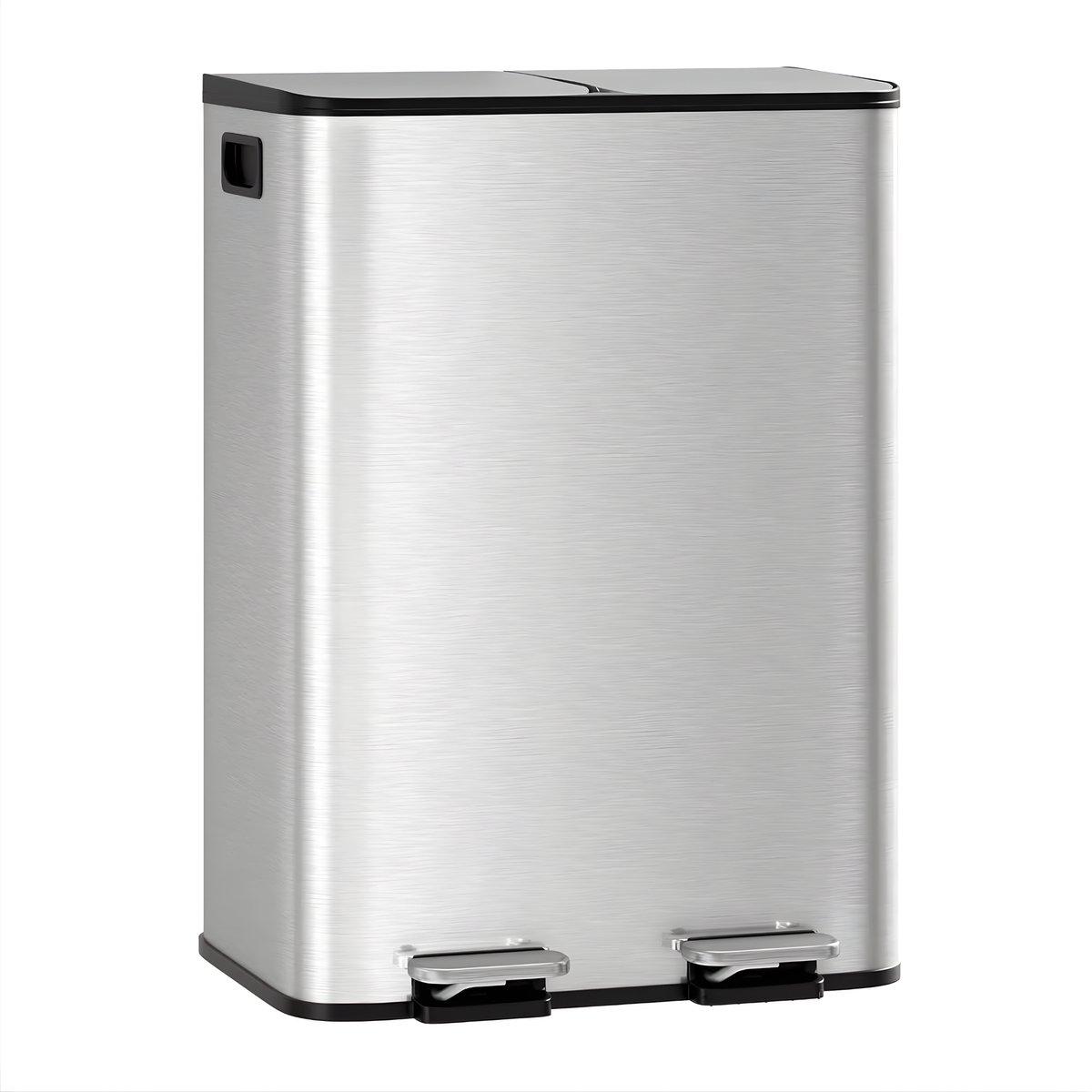 Doppel-Mülleimer 2x40L - Edelstahl Treteimer mit Soft-Close Deckel - Sensorfreier Küchenabfalleimer Silber