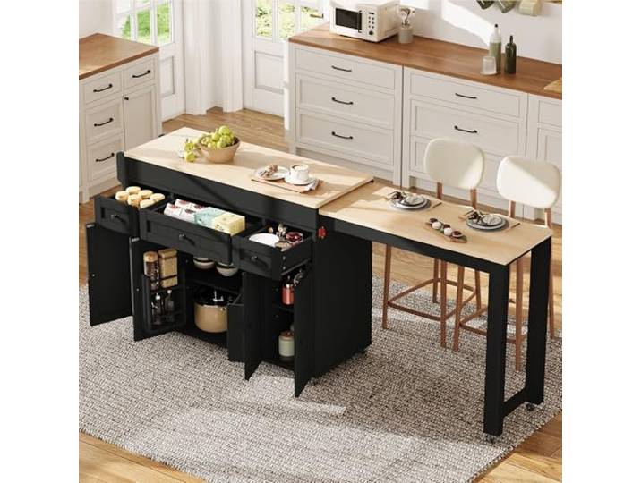 Ropilly Kücheninsel auf Rollen, ausziehbar, MDF, Küche und Esszimmer Ausziehbare Arbeitsfläche von 112 auf 180,6 cm mit 3 Schubladen und Stauraum