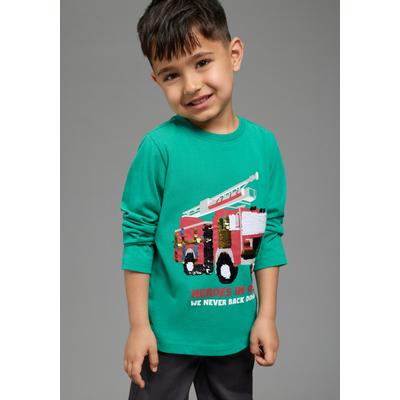 Langarmshirt KIDSWORLD "Feuerwehr Pailletten Shirt", Jungen, Gr. 116/122, grün, Single Jersey, Obermaterial: 100% Baumwolle, Basic hüftlang, Rundhals, Shirts Langarmshirt, Shirt mit Feuerwehr Wende-Pailletten