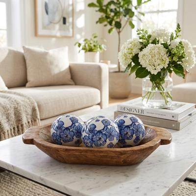 Sagebrook Home "Decorative Round Ceramic Chinoiserie Orbs - Set of 3, 5"", Blue & White - 5.0"""
