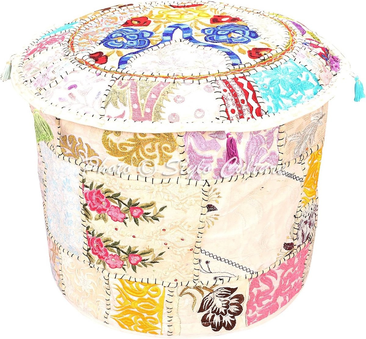 Ronde Ottomaanse Poef Cover van Geborduurde Vintage Patchwork Katoen