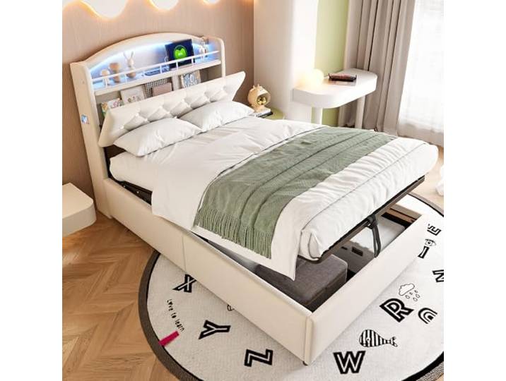 Merax Polsterbett 90x200cm, Multifunktionales Einzelbett mit LED-Licht und USB Ladeanschluss, für Jugend, Erwachsene, Samt, Beige (Ohne Matratze)