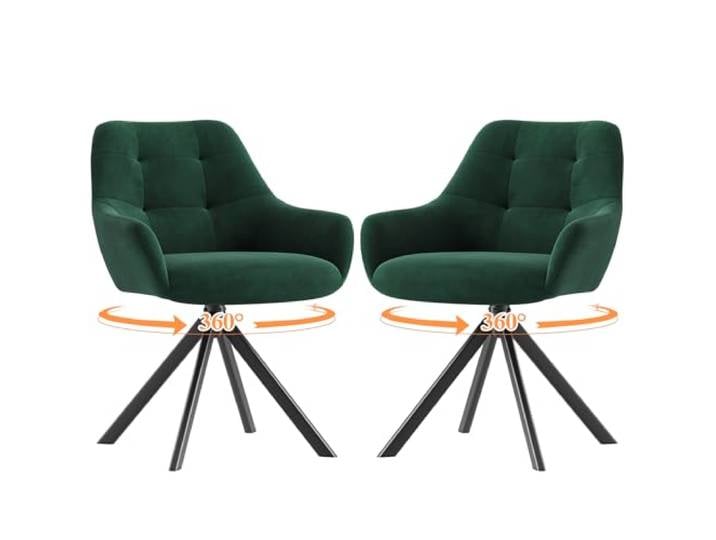 MALOL Drehbare Esszimmerstühle 2er Set, 360° Drehbare Armlehnstühle mit weichem Florstoff & Metallgestell, Bequeme Esszimmerstühle Drehbar mit Rückenlehne für Küche, Esszimmer, Büro, Grün