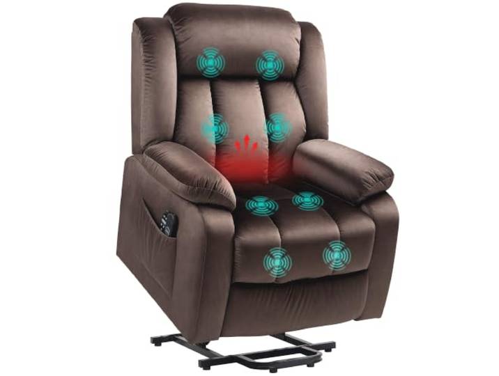 HOMCOM Fernsehsessel mit Aufstehhilfe Elektrisch Relaxsessel Braun Liegefunktion, Vibrationsmassage, Heizfunktion, USB-Anschluss, TV-Sessel mit Taschenfederkern, Seitentasche, Fernbedienung