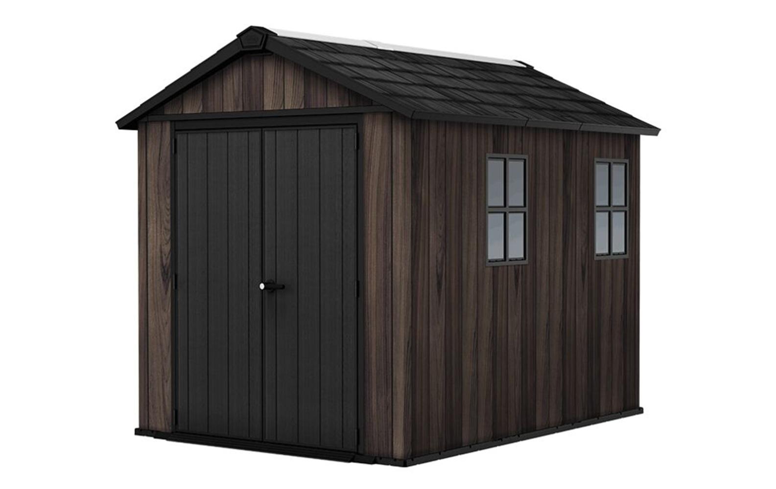 Keter Apex Gerätehaus 7,5x9, Kunststoff Geräteschuppen mit Oberlicht und Belüftung, abschließbar, wetterfest, Rosenholz Optik