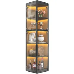 Merax LED Eckvitrine 40 x 40 x 170 cm mit 5 Einlegeböden, Doppeltüren und LED-Beleuchtung, Acryl, Schwarz