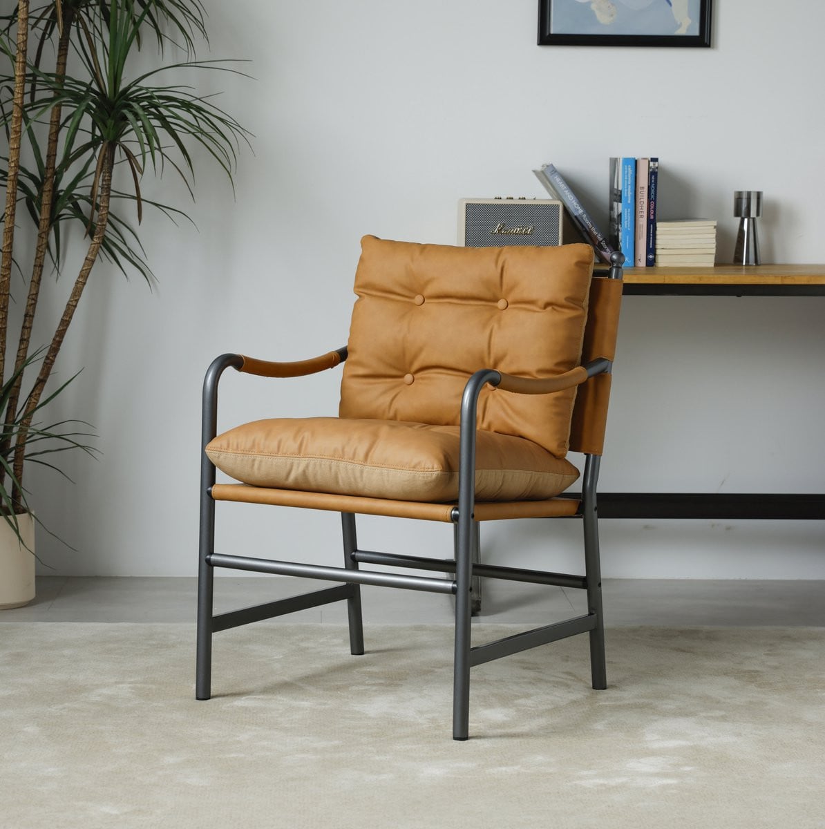 Mivray Mid Century Modern Fauteuil - Bruine Leren Armstoel met Metalen Frame